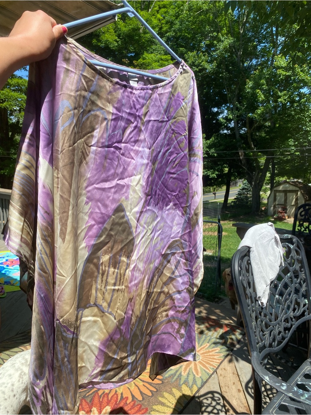 Chicos Purple and Taupe Women's Silky Batwing Artsy Top - Picture 8 of 8
